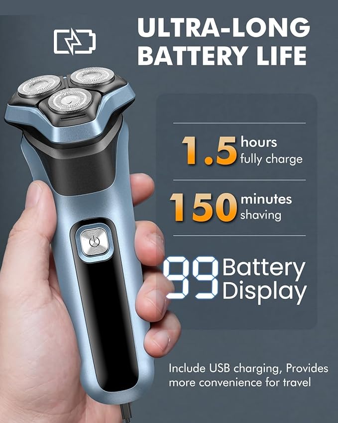 Electric Razors for Men Waterproof Cordless Razor Wet 3D Floating Head Precision Blades Electric Shavers for Men Face Sensitive Skin Care,USB Fast Charging,Type-C,Pop-Up Trimmer, 3 Replacement Blades