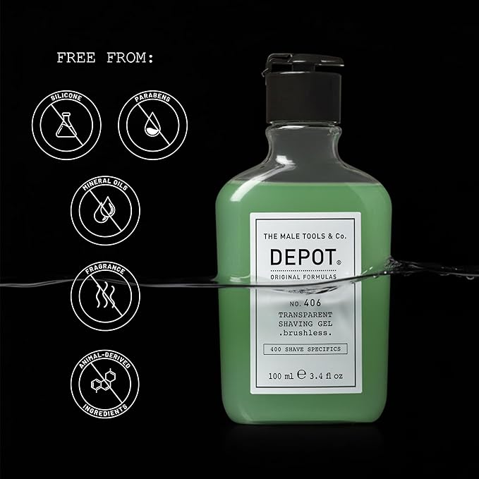 DEPOT No. 406 Transparent Shave Gel | Precision Shaving Gel for Beard, Mustache & Hairline | Clear Formula with Aloe, Menthol & Botanical Extracts | For Razor & Electric Shaver | 3.3 fl.oz.