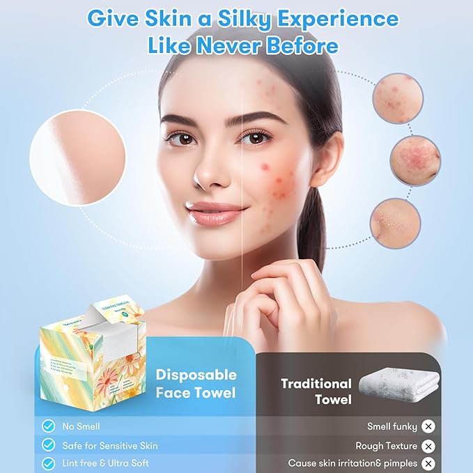 Disposable Face Towel, XL Unscented Facial Towelettes Soft Thick Absorbent, Lint-Free Biodegradable Makeup Remover Dry Wipes Clean Skin Care Washing Drying Camping Travel Essentials, 50 Ct