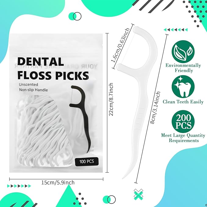 Baderke 200 Count Floss Picks Bulk Non Breakable Tooth Picks Flosser Dental Floss Sticks for Adults Teeth Cleaning Dental Flossers for Family Pack Travel (White)