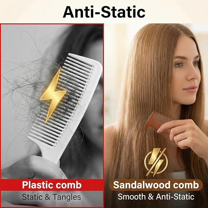 2Pcs Wood Beard Comb, Handmade Natural Sandalwood Comb, Anti-Static Fine & Wide Tooth Pocket Combs for Beard, Mustache, Hair Styling and Detangling