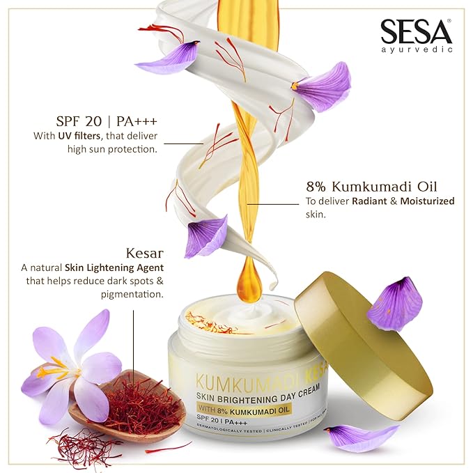 SESA 8% Kumkumadi Kesar Day Cream SPF 20 & PA++ Skin Brightening Ayurvedic Face Moisturizer Face Cream Sun Damage Hydrating with Saffron Lotus Sandalwood for Woman and Men, 50 gm or 1.69 oz