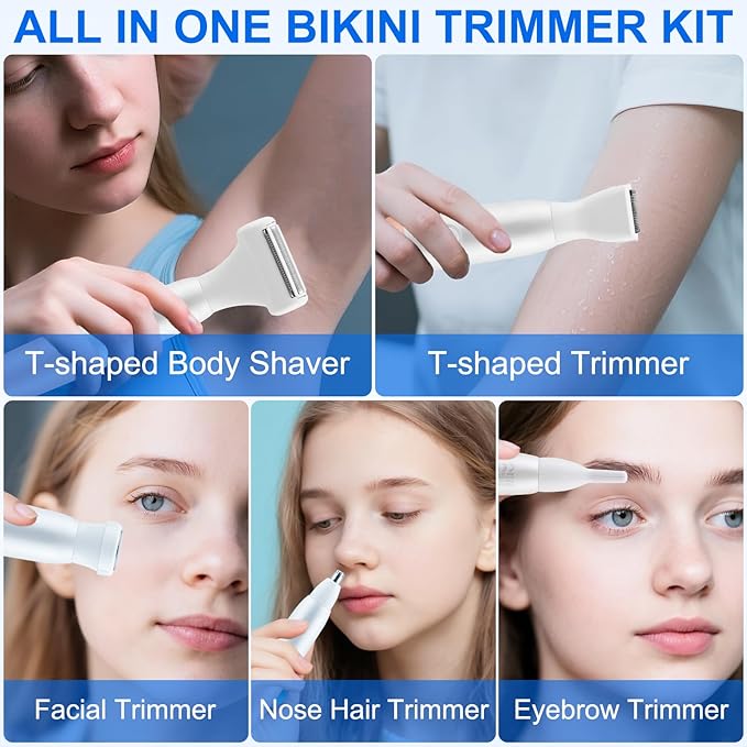 5-in-1 Bikini Trimmer Electric Razors for Women, Cordless Electric Shaver with LCD Display for Facial Body Legs Hair, Rechargeable Waterproof Pubic Body Hair Trimmer Birthday Christmas Gifts for Women