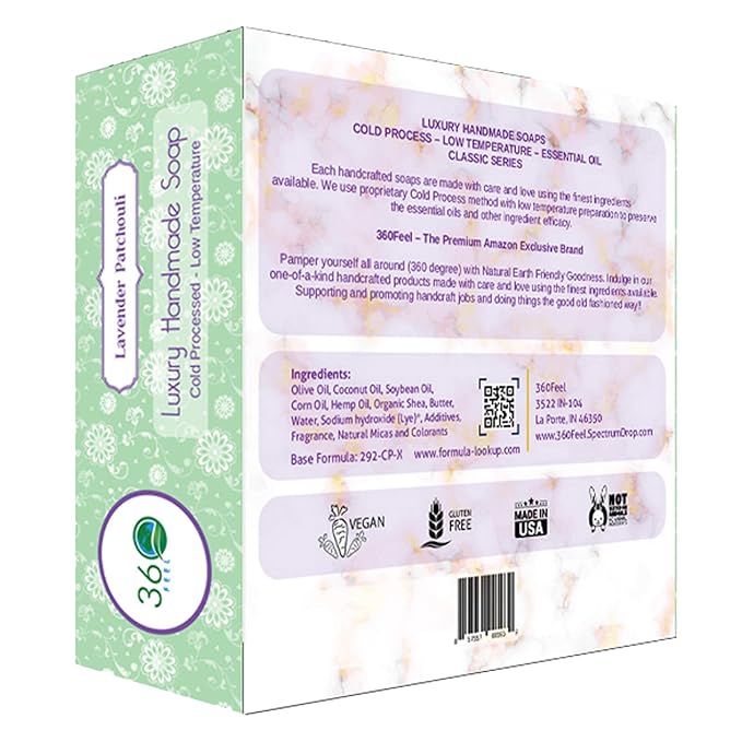 360Feel Lavender Patchouli Soap - Made in the USA - Castile Handmade, All-Natural, Cold-Processed - Infused with Lavender & Patchouli Scent for Relaxation & Calm - Creamy Lather (5 oz)