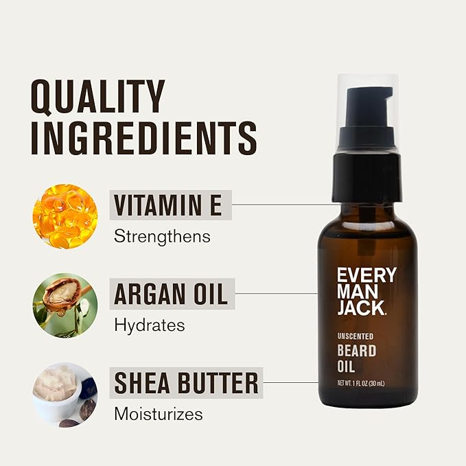 Every Man Jack Unscented Beard Oil for Men - Fragrance Free for Sensitive Skin - Naturally Moisturizes and Softens Beard w/Shea Butter & Argan Oil - 1 fl oz
