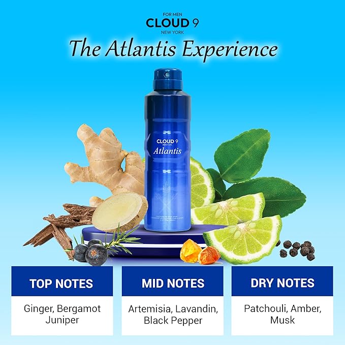 Cloud 9 Atlantis Deo Body Spray for Men 7.64 fl oz – Long Lasting Fresh & Bold Scent with Ginger, Bergamot & Juniper – Ideal For Work,Travel, Social Events,Gym & Outdoor Activities - All Day Freshness
