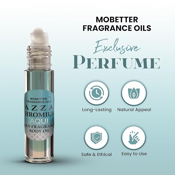 MOBETTER FRAGRANCE OILS AZZA CHROMIUM AQUI Men Cologne Body Oil 1/3 oz roll on Glass Bottle