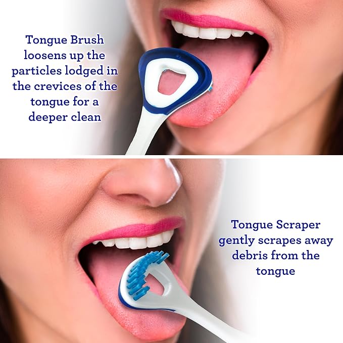 GuruNanda Dual Action Tongue Scraper, 2-in-1 Tongue Scraper & Soft Bristled Brush, Deep Cleans & Fights Bad Breath - Color Varies (Pack of 2)