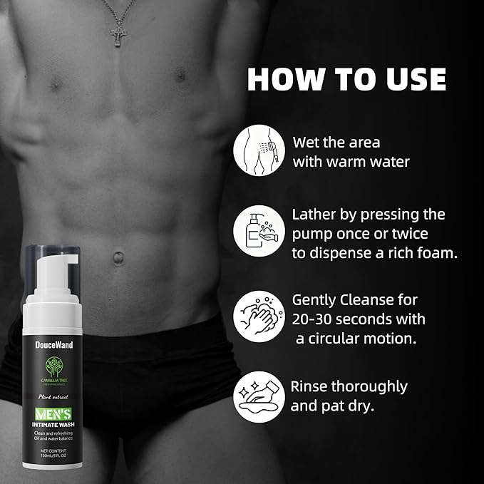 Men's Intimate Wash - Foaming Groin Cleanser for Daily Hygiene & Odor Control - Enriched with Tea Tree Oil, Aloe & Camellia Extract - pH Balanced, Refreshing Body Wash for Athletes - 5 Fl Oz