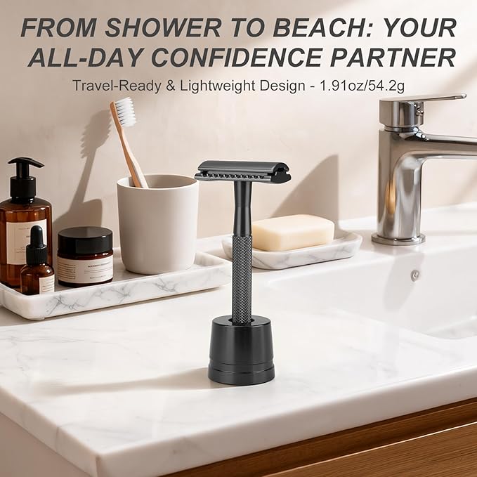 Safety Razor with Stand for Men & Women - Double Edge Single Blade Razor, One Blade Razor with 10 Blades & Metal Stand - Reusable Mens & Womens Shaving Razor (Complete Kit)-Black
