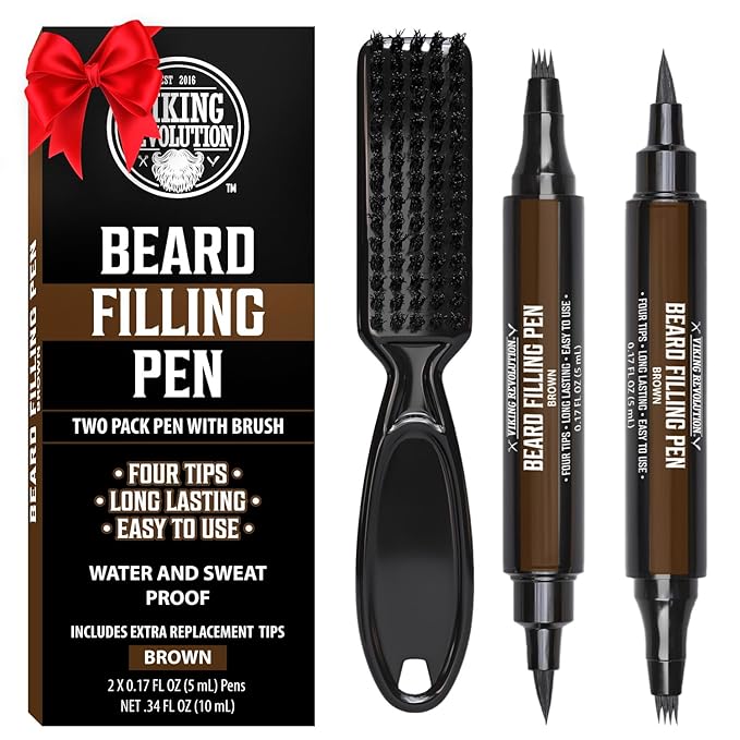 Viking Revolution Beard Pen (2 Pack) - Brown Beard Pencil Filler for Men Lapiz para Barba de Hombre - Beard Filler for Men Waterproof Beard Filling Pen Kit - Long Lasting Beard Filler Pen with Brush