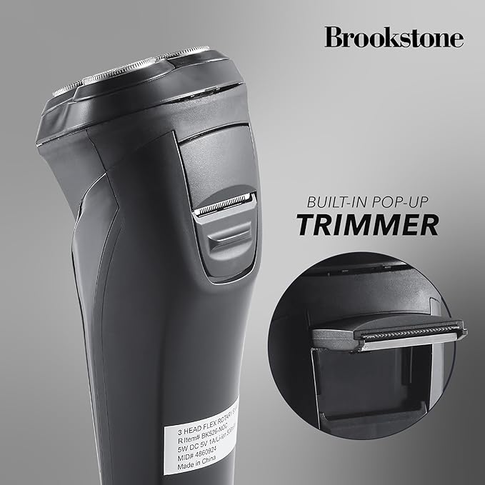 Brookstone - 3-Head Flex Rotary Shaver, Precise Shaving with Pivoting Heads & Rechargeable Battery for a Smooth Finish (Black)