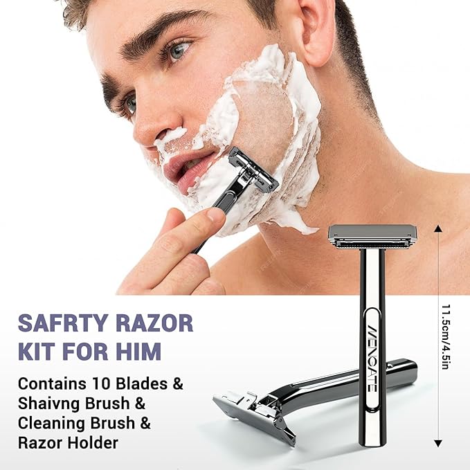 Adjustable 2-Blade Safety Razor Set with Magnetic Head for Men Women - with 10 Blades, Shave Brush - Precision Shaving, Reusable & Plastic-Free Shaver, for Beard, Head, Leg Shaving