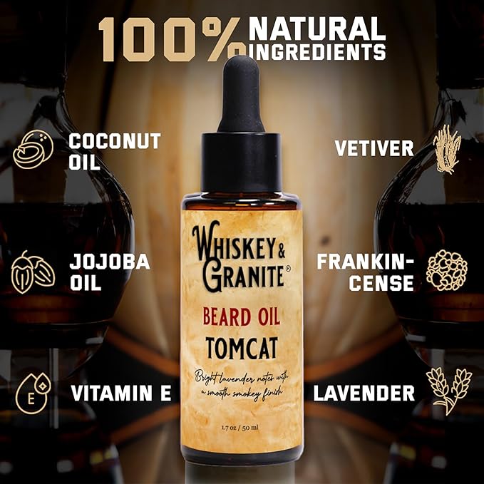 Whiskey & Granite Beard Oil – Made in USA - 100% Natural Beard Conditioner, 1.7 oz (Tomcat)