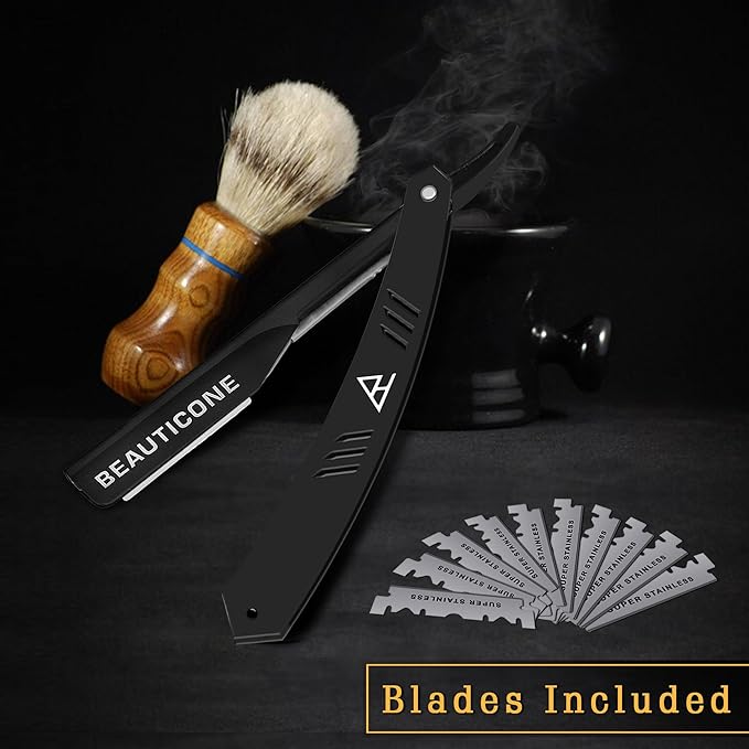 BEAUTICONE Straight Razors for Men, Straight Edge Razor, 100 Single Edge Blades, Stainless Steel, Barber Razor for Men's Shaving, Barber Shaving Knife, Slide-Out