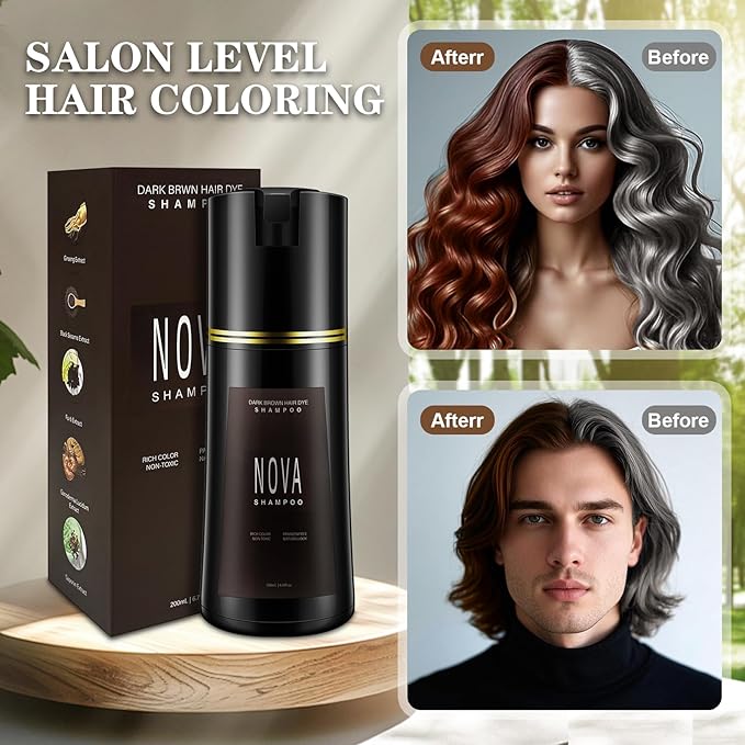 Hair Dye Shampoo & Champu Para Canas - Natural 3-in-1 Instant Gray Coverage for Men & Women (Dark brown-200ml)
