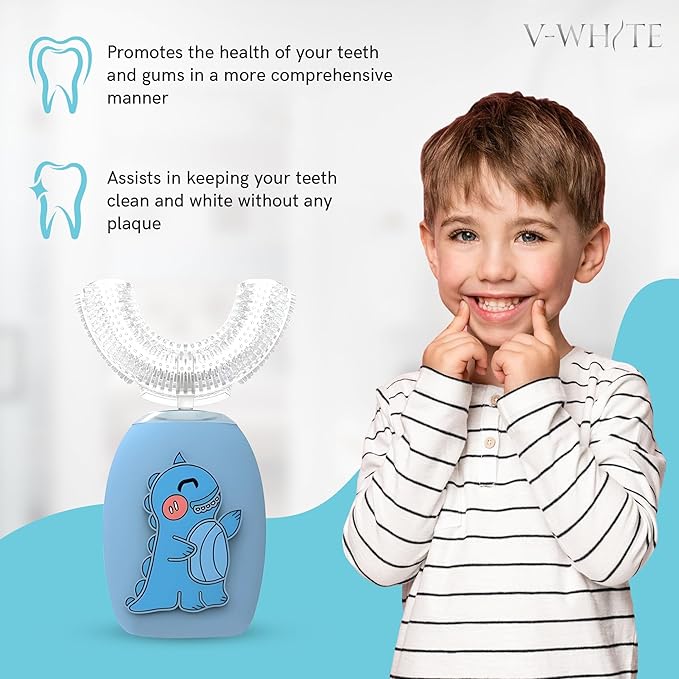V-WHITE Electric Toothbrush Kids- Ultrasonic U-Shaped Toothbrushes for Teeth Whitening - 360° Mouth Cleansing, Hands Free Gums Protection - Wireless Charging & LED Light - Waterproof IPX7 Certified