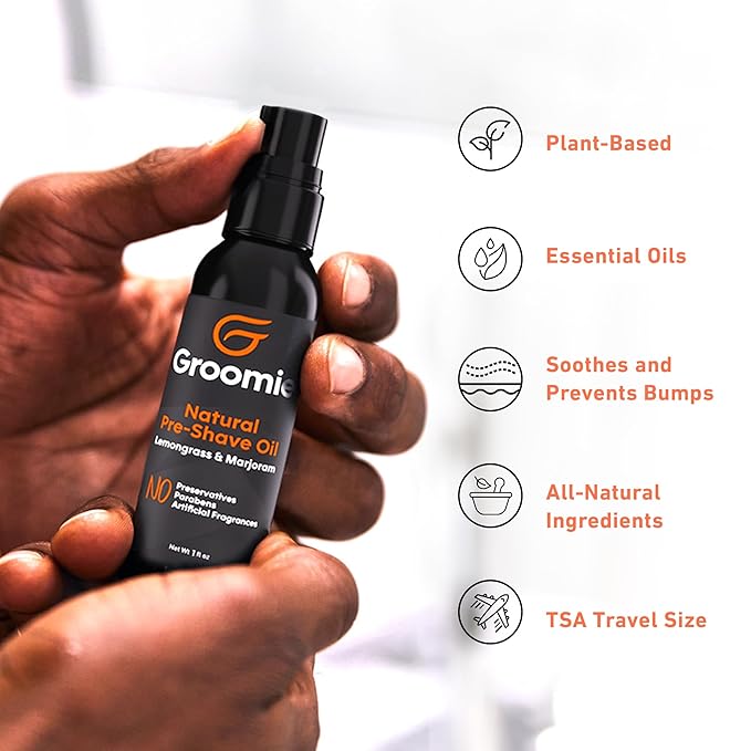 GROOMIE Natural Pre-Shave Oil for Bald Headed Men and Women | Specially Formulated Plant Based Recipe with Milk Thistle Seed, Essential Oils, Antioxidants, and Vitamin E | Promotes Close Shave -1 OZ