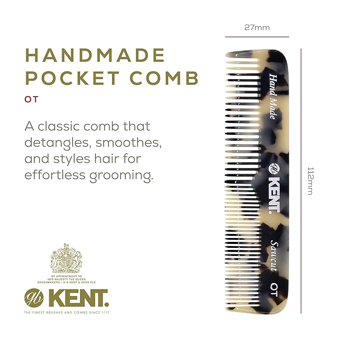 Kent OT TW Pocket Comb - Fine Tooth & Wide Tooth Comb - Handmade Hair Combs for Men, Travel, Beard & Mustache - Saw Cut & Hand Polished (4.5")
