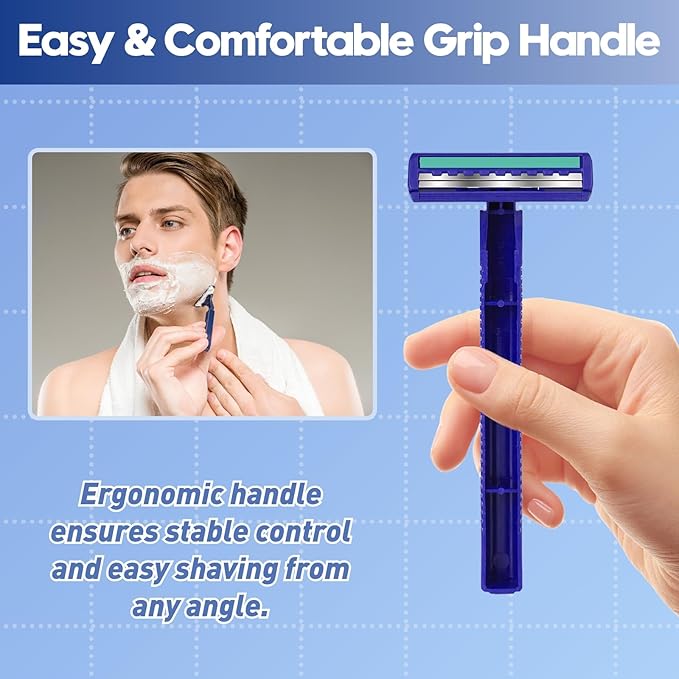 Twin Blade Disposable Razors for Men & Women – Bulk 135 Pack Stainless Steel Shavers with Lubricating Strip, Safety Cap & Non-Slip Handle for Sensitive Skin, Travel, Hotel, Charity – Blue