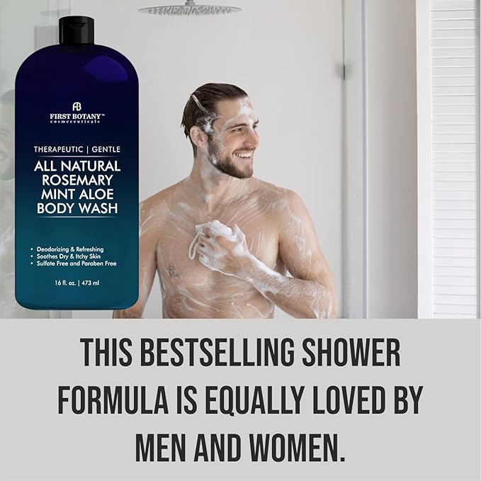 First Botany, ALL Natural Body Wash - Fights Body Odor, Athlete's Foot, Jock Itch, Nail Issues, Dandruff, Acne, Eczema, Shower Gel for Women & Men, Skin Cleanser -16 fl oz (Rosemary Mint)
