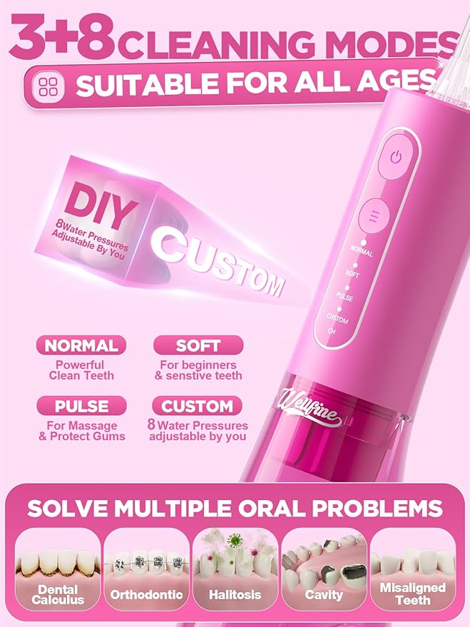 WELLFINE Water Dental Flosser Teeth Pick - 4 Modes Cordless Oral Irrigator 300ML Portable Rechargeable IPX7 Waterproof Powerful Battery Life Water Dental Piks for Cleaning for Home Travel (Magenta)
