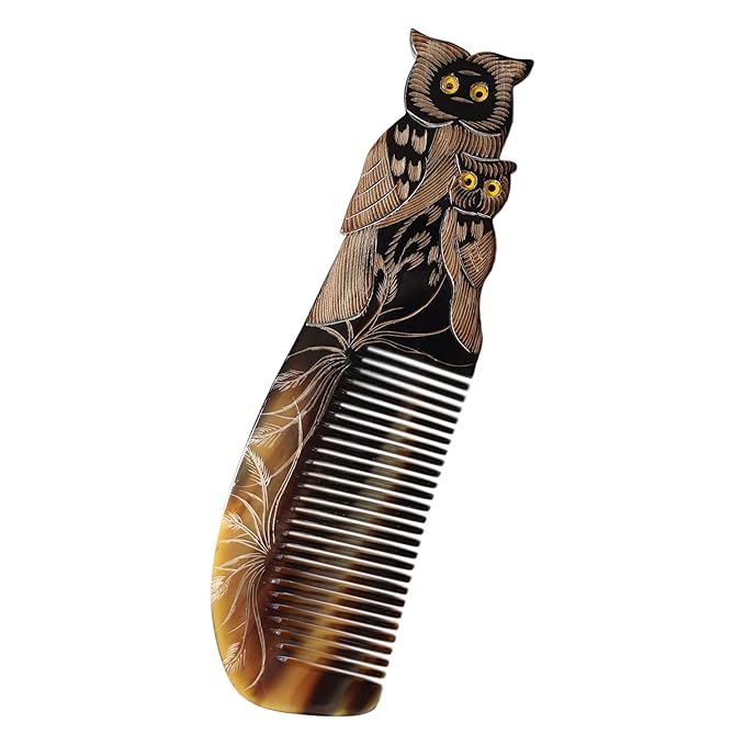 Symbol of LUCK & Knowledge, Natural Buffalo Horn Comb, Ox Horn Comb Anti-Static, Luxury Double Pigeon, Buffalo Horn Hair Comb for Anti Static Massage (Owl)