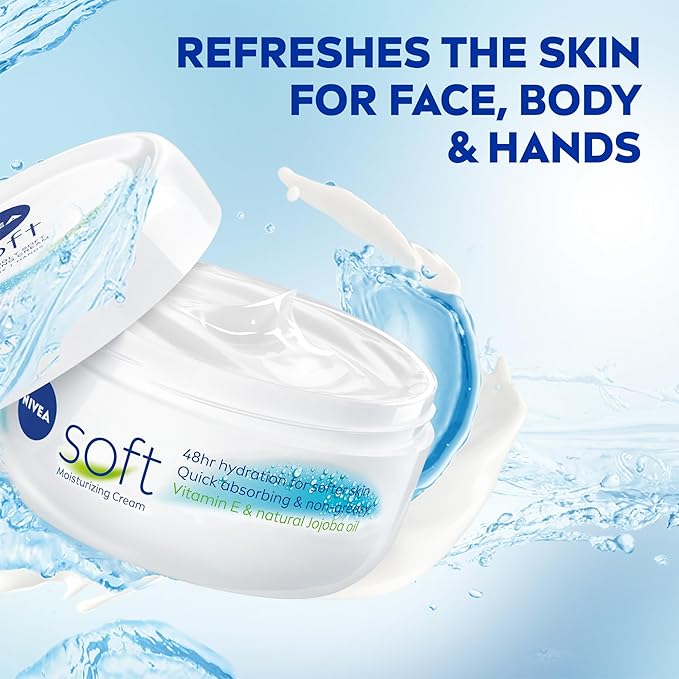 NIVEA Soft Refreshingly Soft Moisturizing Cream for Face, Body and Hands, Lightweight, Non-Greasy, 48-Hour Body Moisturizer with Jojoba Oil and Vitamin E, 6.8 Oz Jar, Pack of 3