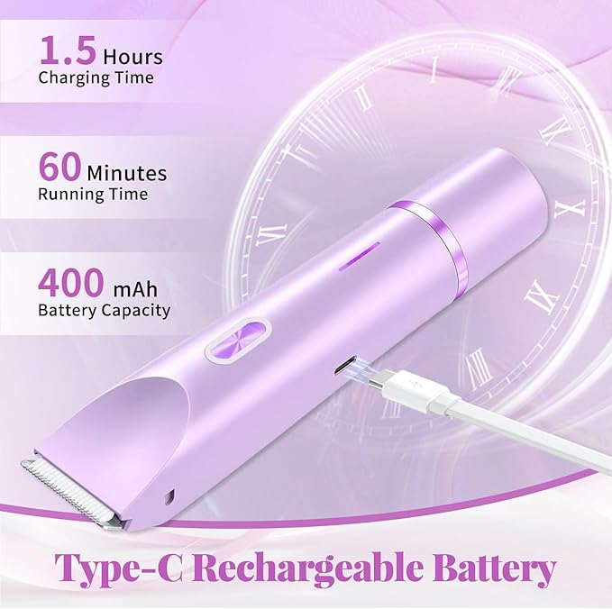 Bikini Trimmer for Women, 2-in-1 Painless Electric Razor with Ceramic Blade, Cordless for Sensitive Skin, Waterproof Dual Head Shaver Women for Facial and Body (Purple)