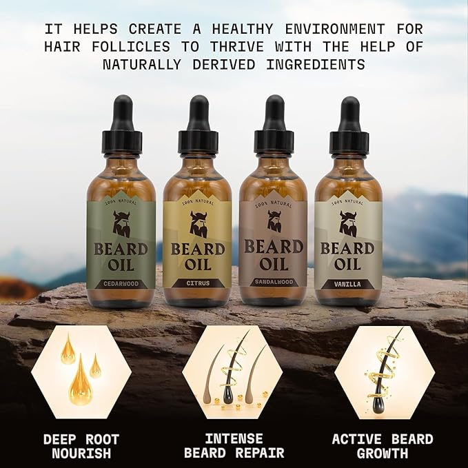 Striking Viking Beard Oil for Men - 2.64 Fl Oz, Pack of 4 - Barber-Style Softening Infusion - Encourages Fuller Beard Growth - Featuring Sandalwood, Vanilla, Cedarwood, Citrus Oil