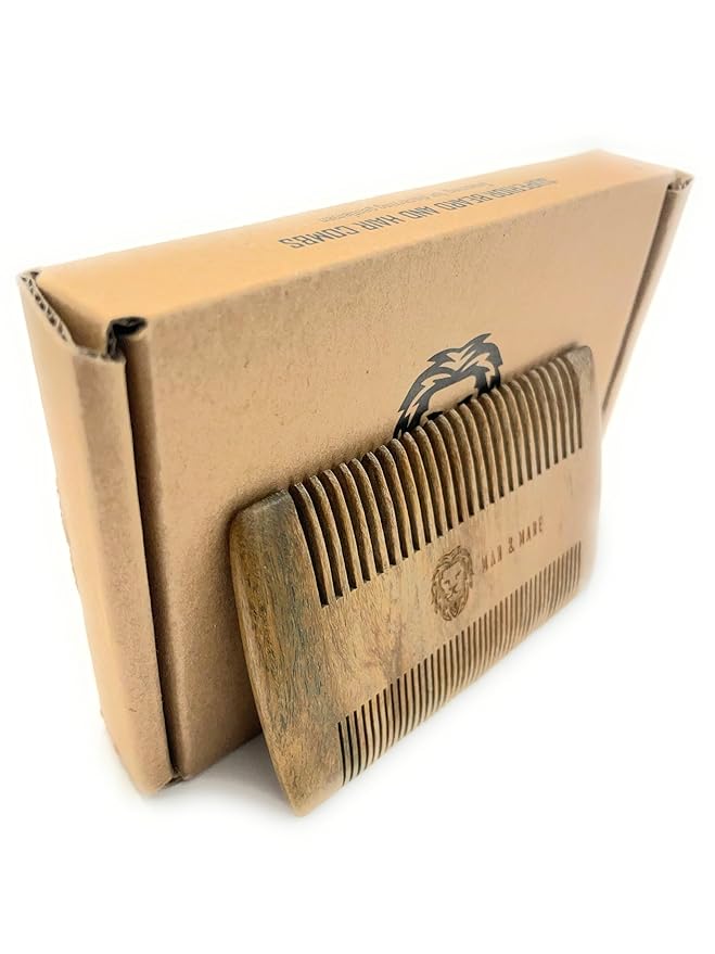 Premium Natural Green Sandalwood Dual-Action Beard Comb with Protective Case – the Perfect Beard & Mustache Grooming Companion & Gift for Men – by Man & Mane