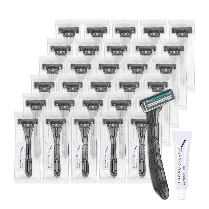 Disposable Razors Bulk, Gray Razors Individually Wrapped Bulk, With Shaving Cream For Hotels, Shelters, Homeless, Nursing Homes, Charities, Churches (30-PACK)