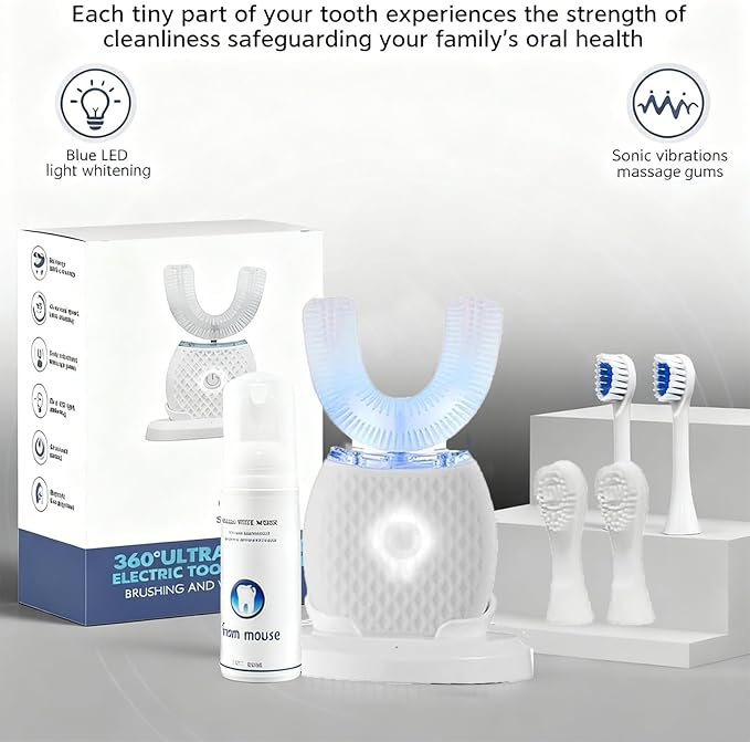 Ralexidog Smart U-Shaped Toothbrush for Adults, Automatic 360° Ultrasonic with Foam Mousse, Hands-Free, 4 Brush Heads, Blue LED Light, All-in-One Charging Base Kit (White)
