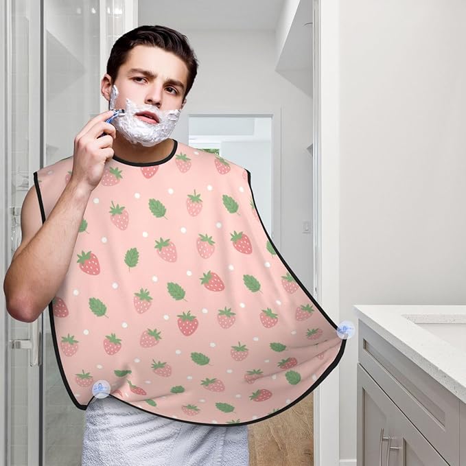Waterproof Beard Trimming Bib, Non-Stick Hair Catcher for Men Shaving, Grooming Apron for Husband Dad, Cute Pink Strawberry Polka Dot Shave Bib