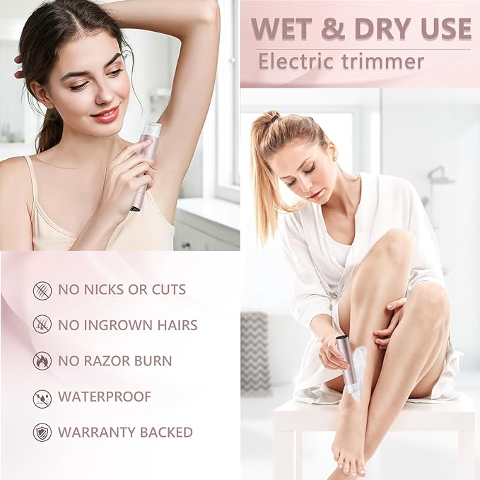 Bikini Trimmer for Women 2-in-1 Electric Shaver and Razors IPX8 Waterproof for Wet & Dry Use Painless Hair Trimmer Removal for Body, Underarms, Legs and Face Rechargeable for Sensitive Skin