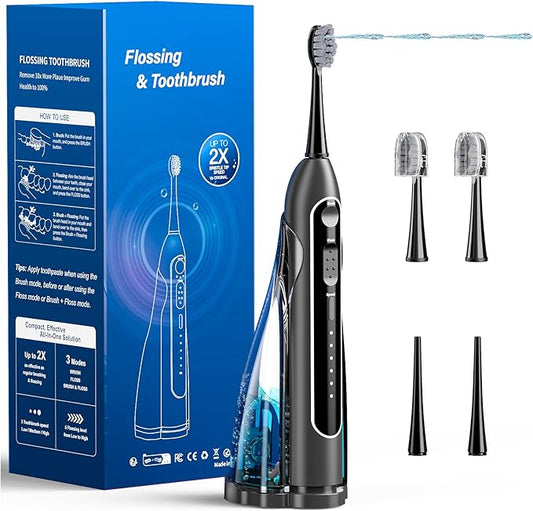 Electric Toothbrush with Water Flosser,Portable Flossing Toothbrush White 8 Mode,IPX8 Waterproof,Equipped Brush Head and Nozzle,for Travel and Home-Black
