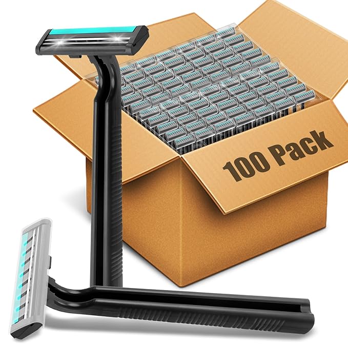 Disposable Razors Bulk for Men 100 Pack, Homeless Supplies Bulk, Twin Blade Mens Safety Travel Supply Shaving Razor, Face Beard Body Shavers for Hotel Camping Bathing (Black)