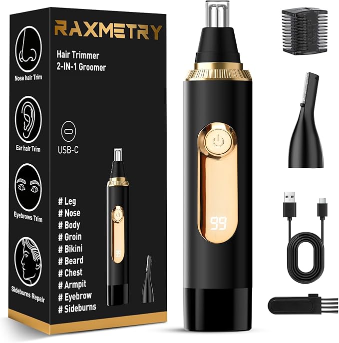 Nose Hair Trimmer for Men and Women,2025 Professional Painless IPX7 Waterproof Eyebrow & Facial Hair Trimmer,USB Rechargeable with LED Display Dual-Edge Blades for Smoother Cutting,BlackGold
