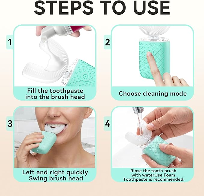 Adult Sonic Automatic Electric Toothbrush, 360° Oral Cleaning Stain Whitening, IPX7 Waterproof Rechargeable, u-Shape Brush Head*3+Straight Handle Brush Head*2 (Green)
