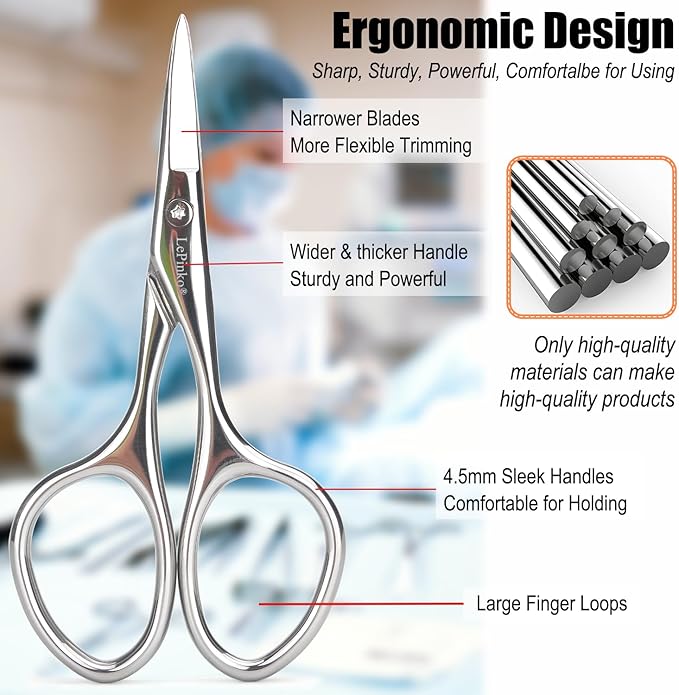 Premium Facial Hair Small Grooming Scissors For Men Women - Eyebrow, Nose Hair, Mustache, Beard, Eyelashes, Ear Trimming Kit - Pointed Tips Blades