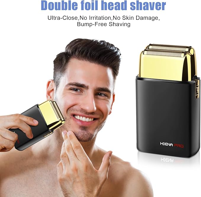 HIENA PRO Foil Shaver for Men Barber, Double Electric Foil Trimmer, Professional Electric Razor, Close Shaver, Cordless Rechargeable with USB, Black Gold