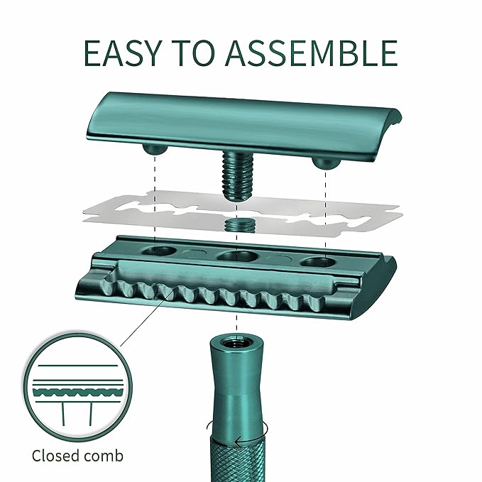 Bambaw Men Safety Razor with 5 Double Edge Safety Razor Blades, Single Blade Razor for Men & Women, Plastic Free Stainless Steel Razor - Sea Green