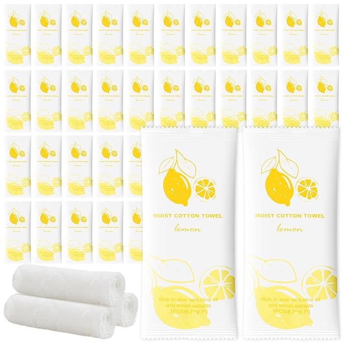 Moist Cotton Towel Bulk Moist Towelettes Individually Wrapped,White Towel Services,Refreshment Pre Moistened Towels for Dentist Travel Sport Party Hotel 100,Lemon