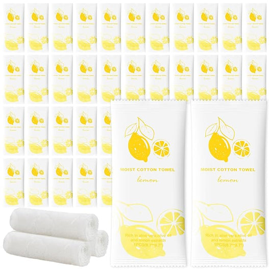 Moist Cotton Towel Bulk Moist Towelettes Individually Wrapped,White Towel Services,Refreshment Pre Moistened Towels for Dentist Travel Sport Party Hotel 50,Lemon