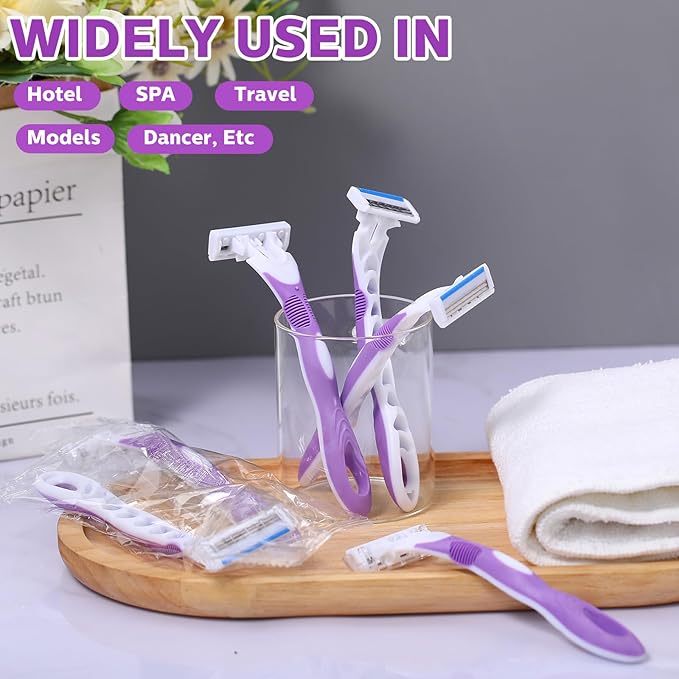 96 Count Women's Disposable Razors Bulk Purple 3 Blade Sensitive Skin Bikini Line Razor for Bathing Hotel Travel