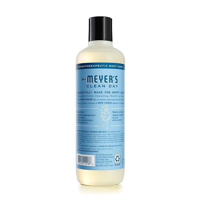 MRS. MEYER'S CLEAN DAY Moisturizing Body Wash for Women and Men, Shower Gel Formula Made with Essential Oils, Rain Water, 16 oz