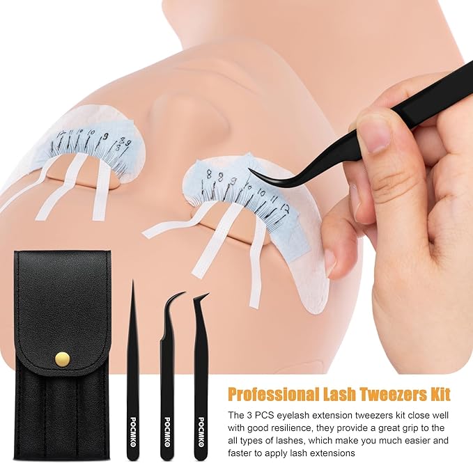 Lash Tweezers Set for Eyelash Extension, Eyelash Tweezers for Classic Individual and Volume Lash Extensions, Complete with Storage Case (Black, 3PCS Set)