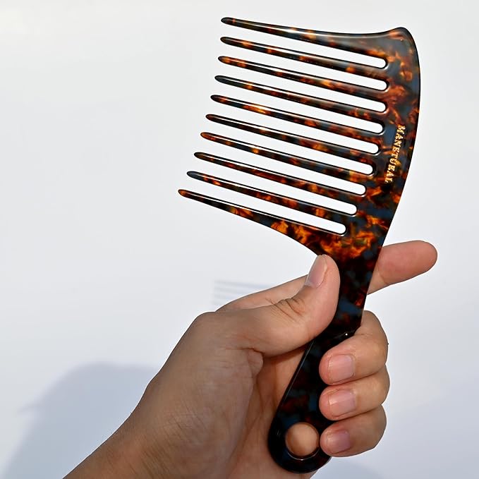 D1 | Large wide tooth Handle comb for Curly Hair, 7.4 Inch Mustache and Beard Comb for Men | Elevates, Preserves Curl, Eliminates frizz | Acetate comb (Tortoise)