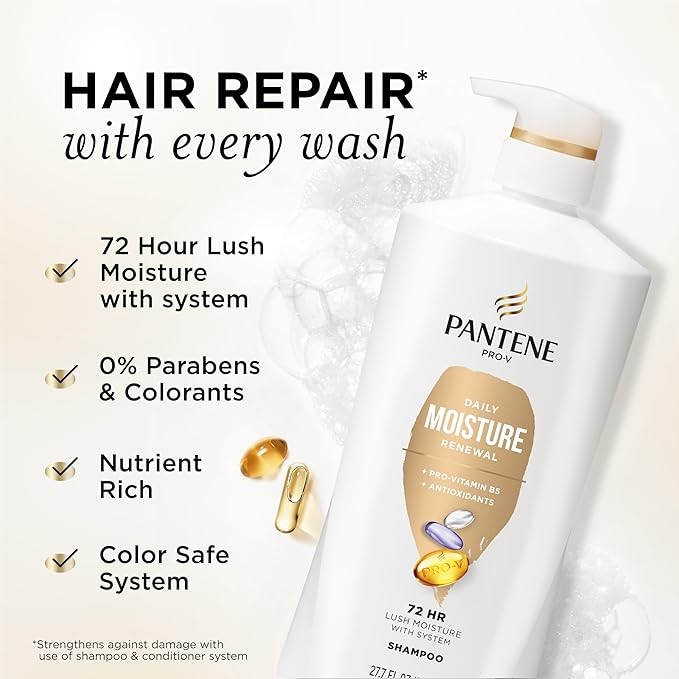 Pantene 2-in-1 Shampoo & Conditioner, Daily Moisture Renewal - Pro-V Nutrients for Dry, Color-Treated, Straight to Curly Hair, 72-Hour Hydration & Softness, 27.7 Oz Each, 2-Pack + Rescue Shot (0.5 Oz)