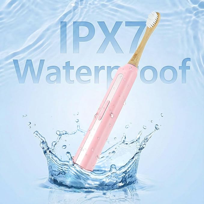 Bamboo Electric Toothbrush丨Rechargeable Electric Toothbrush with 4 Bamboo Heads, Soft Castor Oil Bristles,5 Moedes&3 Intensities, 45 Days Battery Life, IPX7 Waterproof-Pink